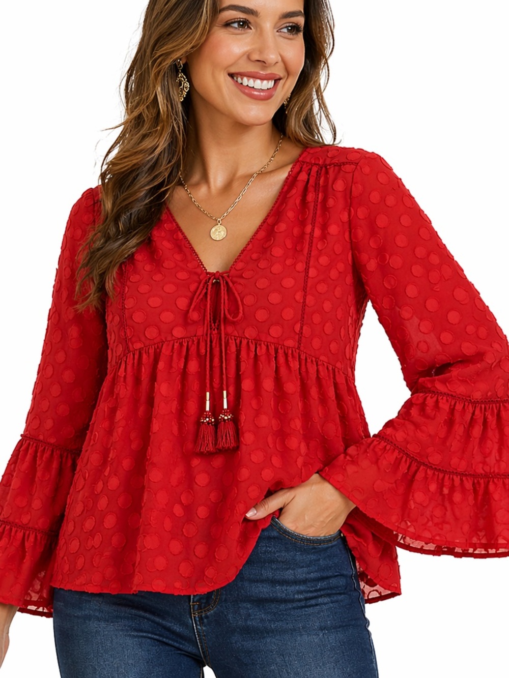 Soft Surroundings Red Swiss Dot Boho Blouse Tassel Tie Flowy Peasant Top Womens - Picture 2 of 14